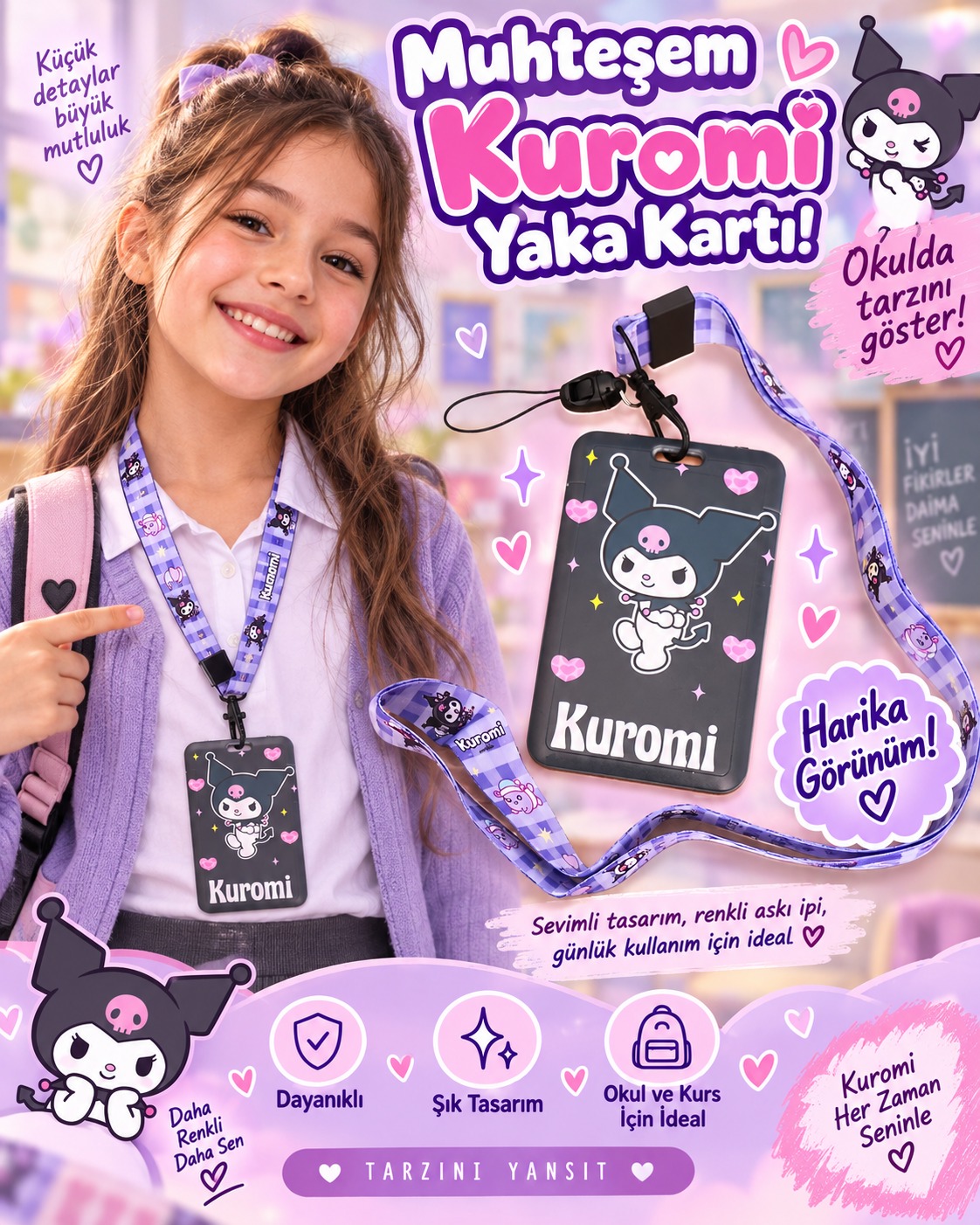 Kuromi Yaka Kartı Boyun Askılı Kimlik Kartı Kılıfı – Okul Kurs ve Günlük Kullanım